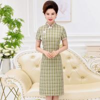 绿色[好品质] XL 建议90-105斤 妈妈装复古旗袍夏季大码长款连衣裙中老年人女装洋气格子短袖裙子