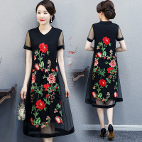 短袖 XL[参考95-110斤] 刺绣连衣裙妈妈夏装洋气高贵中老年人女装遮肚显瘦过膝网纱裙子