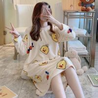[法兰绒睡裙]小黄鸭 M 70-90斤 睡裙女夏法兰绒春秋睡衣女冬长袖睡裙长款韩版学生宽松大码家居服