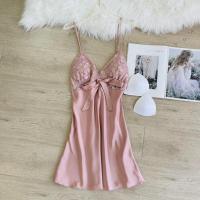 (带胸垫)AH蝴蝶结吊裙橘粉色 M 女吊带睡裙冰仿真丝绸夏蕾丝性感韩版诱惑睡衣大码家居服短裙可爱