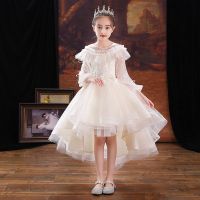 009香槟色前短后长长袖(送皇冠) 100 儿童婚礼小女孩礼服花童公主裙生日女童小主持人钢琴演出服秋冬季