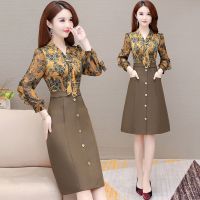 秋季新款印花连衣裙女2021气质今年行a字裙假两件拼接长袖裙子
