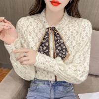 蕾丝衬衫女秋季2021新款设计感丝巾系带气质长袖衬衣打底衫