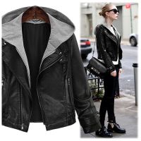 胖妹妹帅气机车pu皮夹克200斤大码连帽短款外套假两件皮衣女