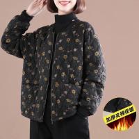 2021秋冬新款韩版宽松大码复古休闲洋气夹棉加厚棉麻印花棉衣女