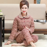 睡衣女冬季三层加厚加棉秋冬中老年妈妈夹棉保暖可外穿家居服套装