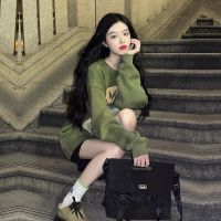 墨绿色卫衣女春秋2021年秋冬季新款美式校园复古情侣套头圆领上衣