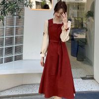 2021早秋女灯芯绒中长款赫本风气质法式复古蝴蝶结泡泡袖连衣裙女