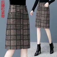 秋冬季格子毛呢半身裙女2021新款高腰直筒中长款开叉包臀套里裙子