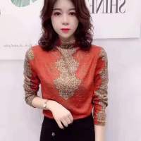 好质量漂亮妈妈时尚一体绒打底衫女秋冬新款加厚保暖印花烫钻上衣