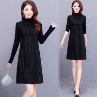 高领毛衣裙子2021春秋季新款假两件针织打底裙条纹宽松显瘦连衣裙15天内发货