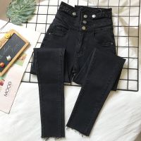 秋冬黑色高腰牛仔铅笔长裤女修身韩版个性腰部九分小脚裤子加厚绒