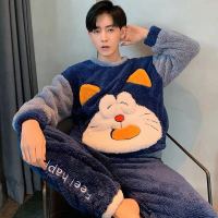 睡衣男秋冬季法兰绒加厚加绒睡衣两件套男士卡通珊瑚绒大码家居服