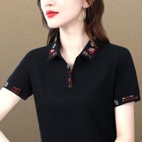 棉短袖t恤女夏季2021修身减龄气质翻领新款polo衫大码绣花上衣