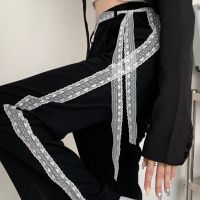 设计感蕾丝系带西装裤女潮ins裤子女高腰宽松阔腿裤休闲裤高街风