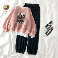 单/洋气套装女秋冬季韩版宽松学生假两件羊羔毛加厚卫衣+休闲裤子