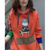 加绒卫衣女2021冬新款欧货小熊驼色连帽加厚慵懒风卫衣