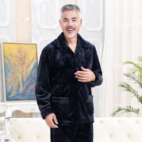 春季中老年人珊瑚绒睡衣男士法兰绒春天套装中年爸爸休闲家居服