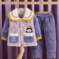 女童睡衣法兰绒冬季21新款三层夹棉加厚珊瑚绒套装宝宝家居服儿童
