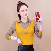 秋季时尚洋气减龄拼接长袖衬衫女2021新款减龄显瘦假两件格子衬衣5天内发货