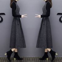2021秋冬季长款毛呢加厚背带裙修身连衣裙显瘦时尚大码裙子女