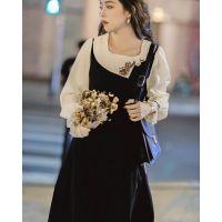 法式复古黑色通勤长袖连衣裙女秋季新款绣花拼接气质显瘦茶歇裙女