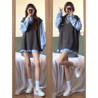两件套装/单件新款韩版盐系女穿搭炸街宽松针织毛衣叠穿马甲衬衫