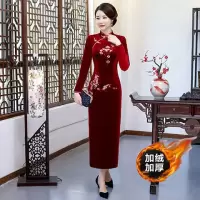 秋冬妈妈装手工盘扣绣花丝绒改良旗袍女长款连衣裙走秀婚礼服