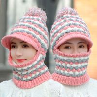 新款帽子女秋冬季骑车护脖毛线帽加绒保暖针织帽围脖一体连体帽女