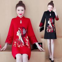 2021春秋大码女装胖mm汉服中国风民族风刺绣显瘦改良旗袍连衣裙
