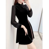 微胖妹妹秋冬拼接亮片金丝绒复古遮肚肉小个子民国风旗袍式连衣裙