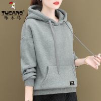 色连帽卫衣女装2021新款秋冬季加绒加厚外套灰色上衣
