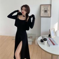 气质连帽开衫吊带裙收腰显瘦修身复古开叉中长款连衣裙两件套