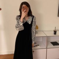 2020秋冬新款法式学院风娃娃领收腰显瘦开叉豹纹拼接丝绒连衣裙