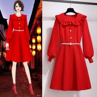 秋冬季套装女2021新款大码胖妹妹洋气显瘦遮肉减龄红色针织连衣裙15天内发货