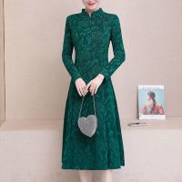 提花面料2021春秋中国风改良旗袍收腰遮肚大码长款旗袍连衣裙