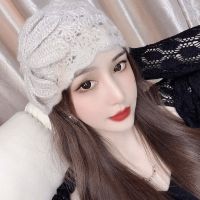 日系ins针织线帽子女秋冬新款百搭手工花朵保暖毛线帽包头月子帽