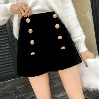 金丝绒短裤女秋冬外穿休闲靴裤2020新款韩版高腰显瘦百搭排扣阔腿