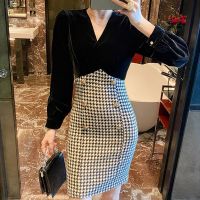 丝绒法式复古连衣裙女2021秋冬新款设计感千鸟格赫本风小黑裙