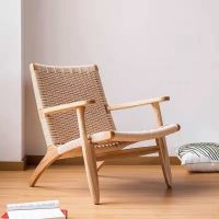 极简北欧实木编绳单人小沙发阳台客厅卧室休闲椅民宿酒店懒人躺椅