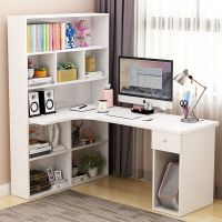 实木转角书桌书架书柜一体简约家用学生写字台电脑桌子椅子一套装