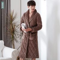 男士睡袍冬珊瑚绒长款三层夹棉加厚时尚家居服保暖睡衣浴袍