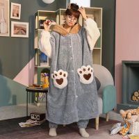 睡衣女秋冬款加厚保暖法兰绒宽松珊瑚绒浴袍睡袍女冬天可爱家居服
