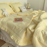 ins小清新奶黄色雪纺纱夏被三件套柔凉感绗缝床盖空调被四件套