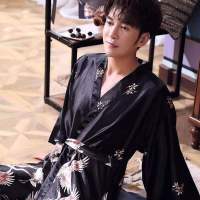 春夏仿真丝情侣款睡袍仙鹤印花宽松大码睡衣女家居中长款婚礼晨袍