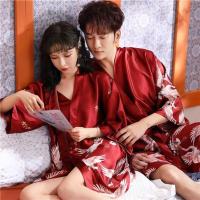 春秋新婚情侣睡袍红色结婚女夏真丝睡裙两件套装冰丝绸睡衣男浴袍
