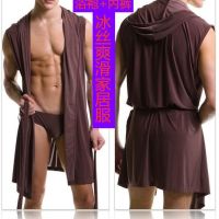 欧版男士浴袍男无袖丝滑睡衣男式带帽睡袍睡裤薄款家居服