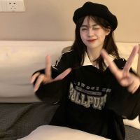 黑色polo领加绒卫衣女装秋冬季2021新款宽松bf慵懒风小个子上衣服