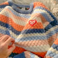 日系vintage彩色条纹爱心毛衣外套女秋季情侣宽松复古外穿针织衫