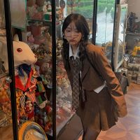 网红短款条纹西装三件套装女秋季百褶半身裙长袖西服外套衬衫上衣15天内发货